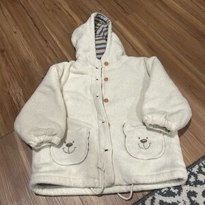 Vintage Cozy Cream Hooded Jacket with Bear Pockets Size 18-24 M